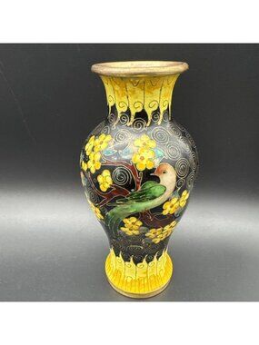 Vintage Chinese Cloisonne Brass Yellow Black Vase Bird Flowers Floral 6.25” Sign